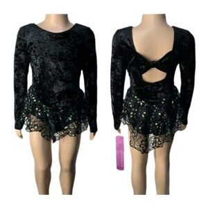 Gilda Marx VTG Crushed Velvet LS Lace Bow Keyhole Leotard Dress Kids 4/6 Black
